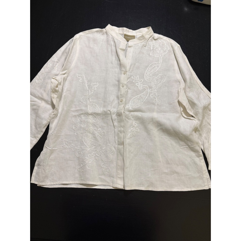 Liz Claiborne Lizwear White Linen Embroidered Paisley Blouse XL Mandarin Collar